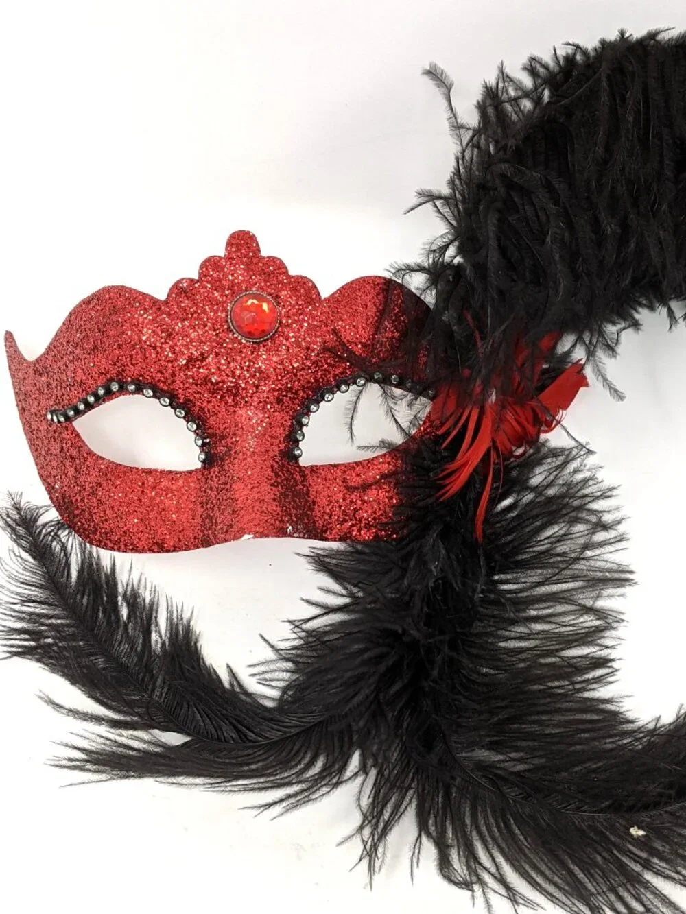 Masquerade Face Mask Red Glitter Venezia Italy black feathers Costume Ball